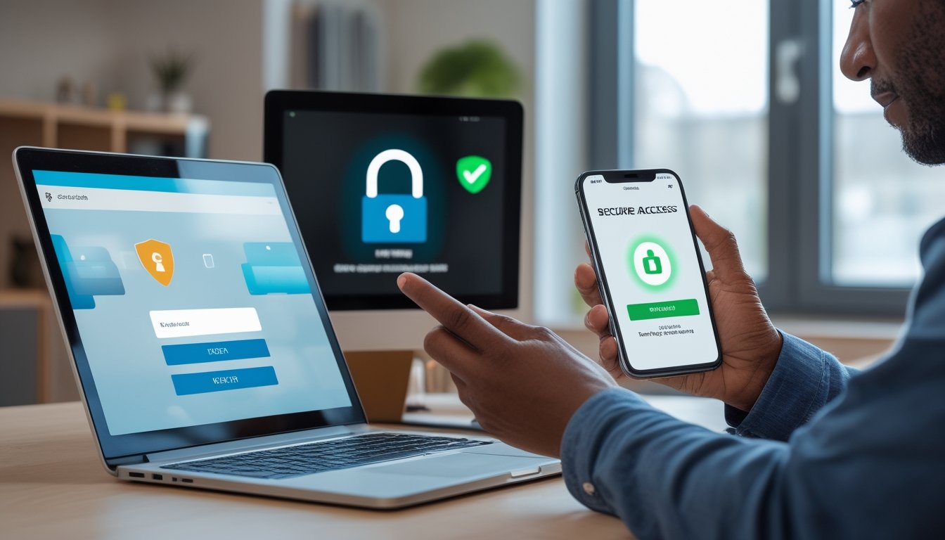 Seseorang memeriksa akses aman pada laptop dan ponsel dengan simbol gembok dan perisai.