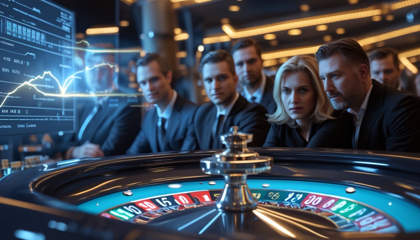 Pemain dan dealer mengamati roda roulette bercahaya dengan efek petir serta elemen visual perhitungan peluang.