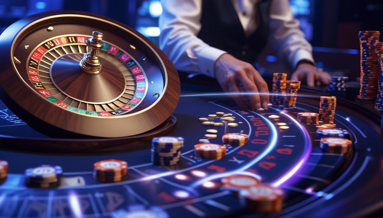 Roda roulette modern dengan satu angka yang disorot efek cahaya seperti petir, dikelilingi keping taruhan di meja kasino.