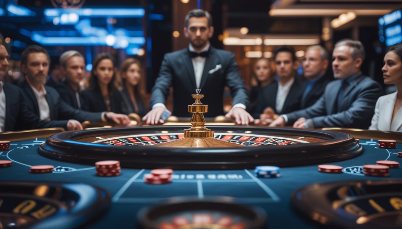 Dealer memutar roda roulette di kasino modern dengan kilatan cahaya biru dan pemain yang mengamati permainan.