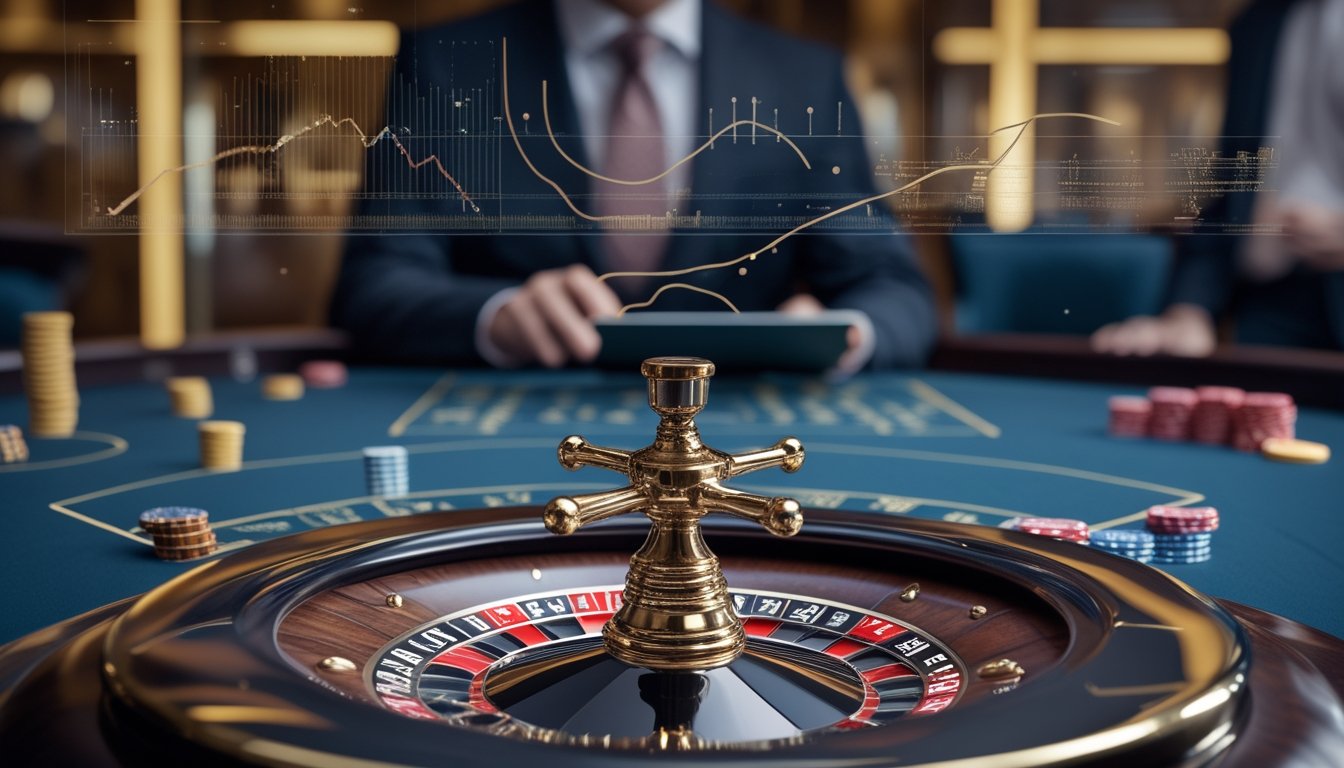 Roda roulette dengan keping taruhan dan visualisasi data probabilitas di meja kasino.