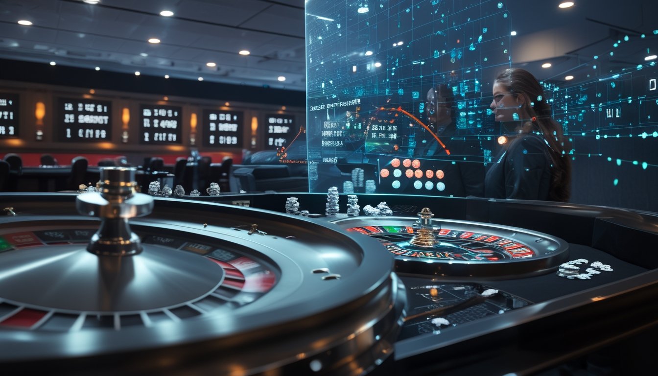 Dealer dan analis mengamati roda roulette dengan visualisasi data probabilitas di studio kasino modern.