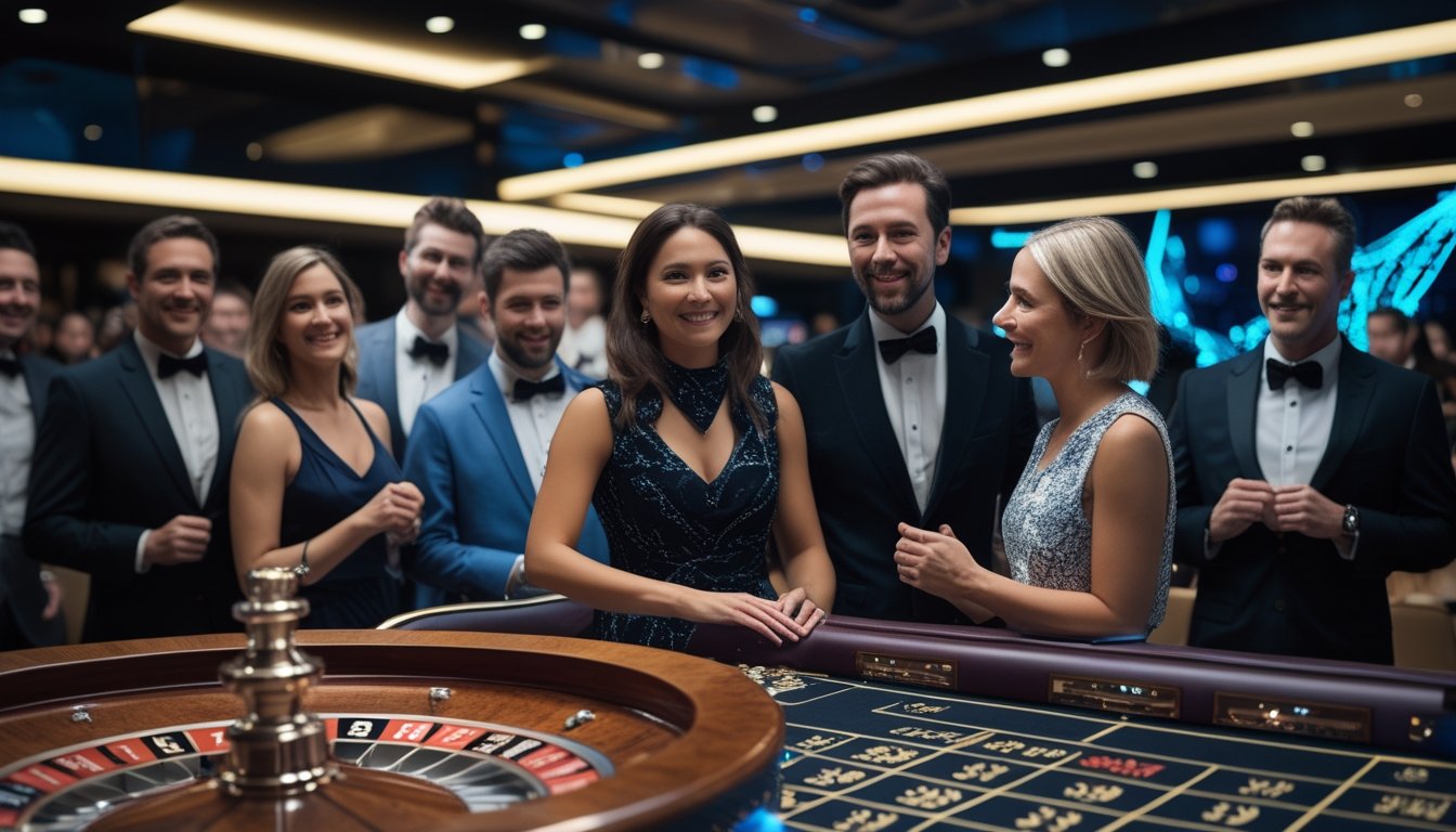 Pemain dan bandar mengamati roda roulette yang bercahaya dalam suasana kasino mewah.