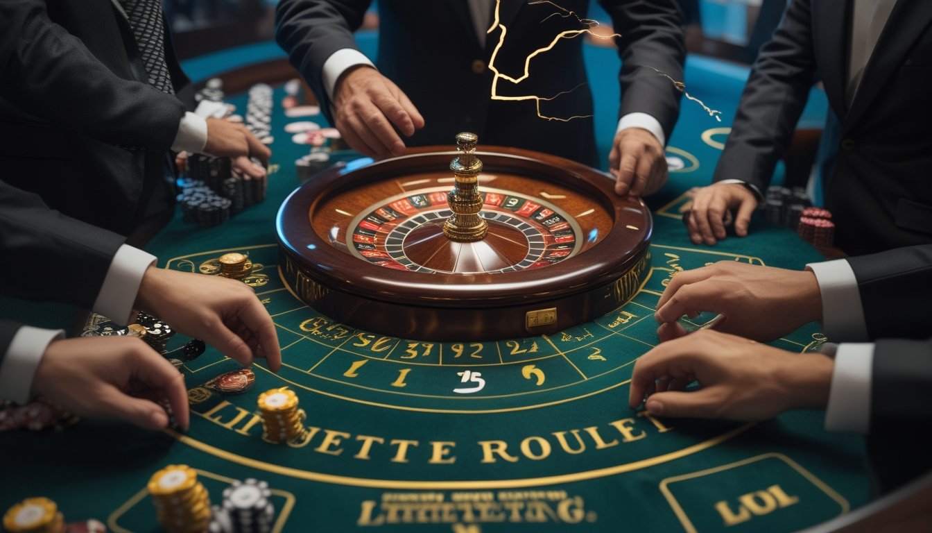 Roda roulette di meja kasino dengan chip taruhan dan cahaya keemasan yang menyoroti beberapa angka.