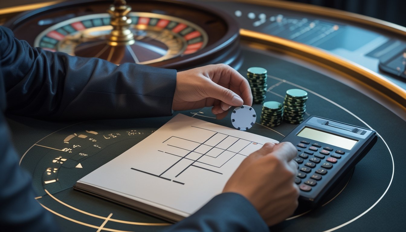 Meja roulette dengan roda roulette, keping taruhan, kalkulator, dan tangan yang sedang menganalisis risiko.