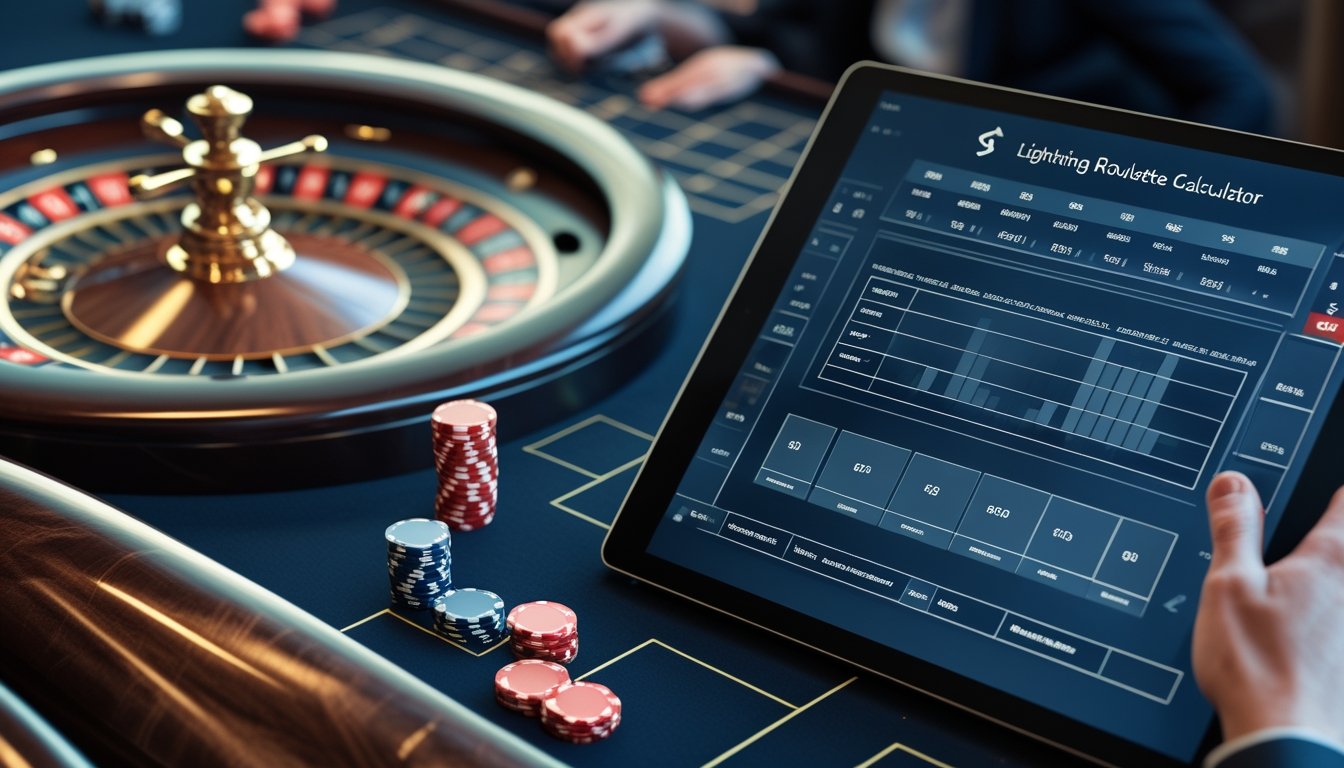 Meja roulette dengan roda roulette, keping taruhan, dan perangkat yang menampilkan grafik analisis risiko serta potensi kemenangan.