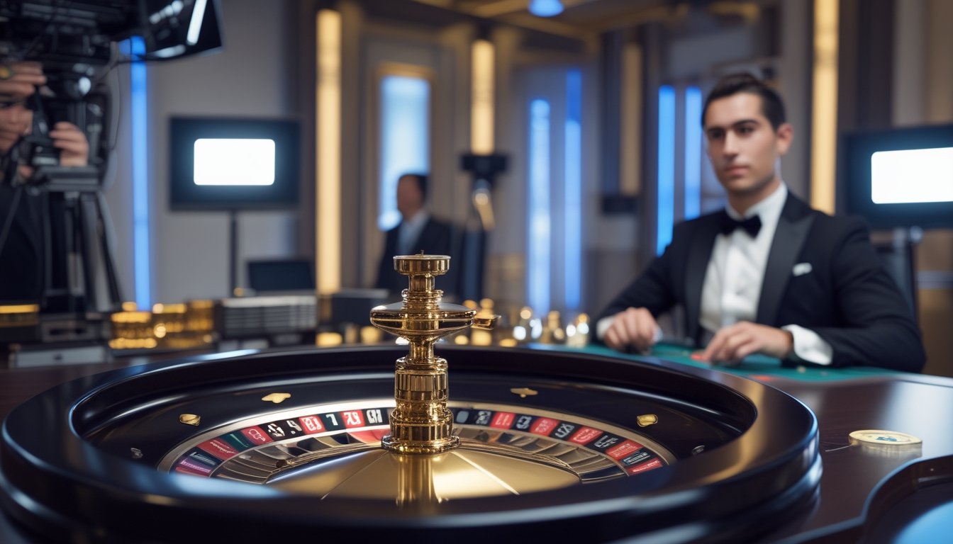 Dealer memandu permainan roulette langsung di studio kasino modern dengan roda roulette bercahaya.