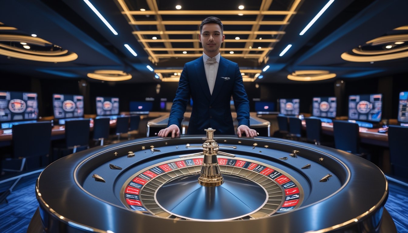 Dealer kasino memandu permainan roulette langsung di studio kasino modern.