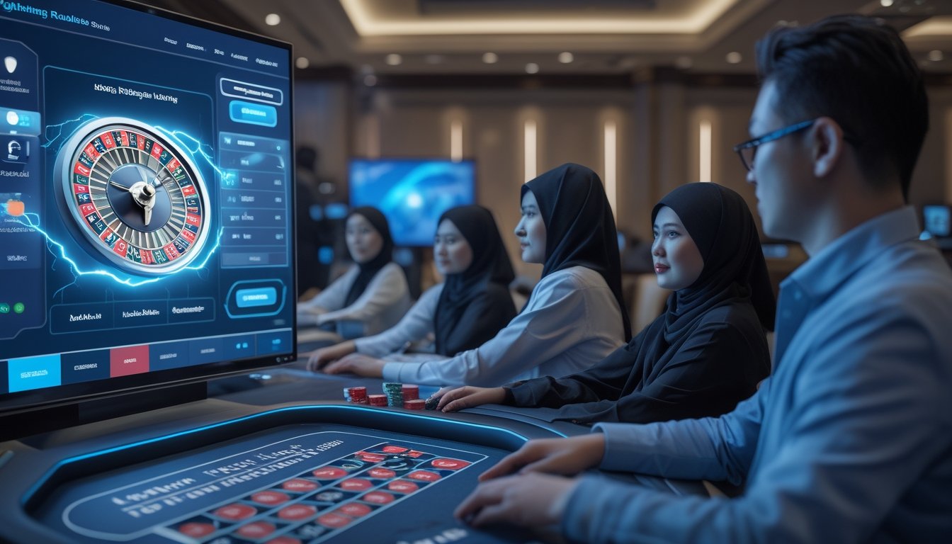 Pemain dewasa Indonesia menikmati permainan roulette digital di lingkungan kasino modern dengan roda roulette bercahaya.