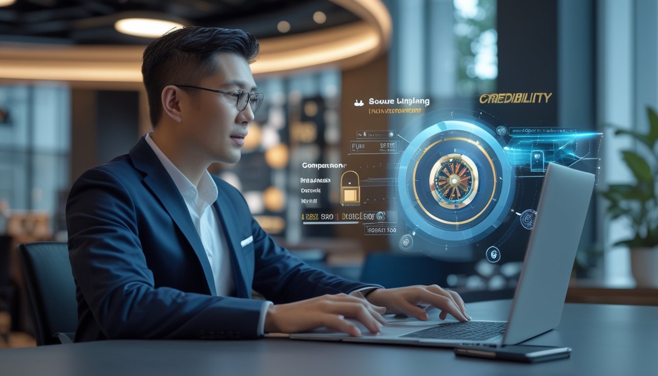 Analis Indonesia meninjau platform permainan digital yang aman di laptop dalam ruang kerja modern.