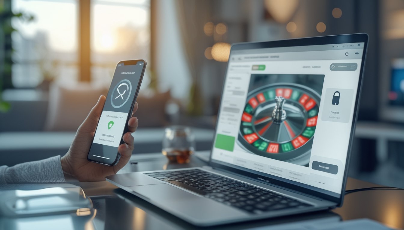 Orang dewasa menggunakan laptop untuk mendaftar akun permainan roulette online dengan ponsel di sampingnya.
