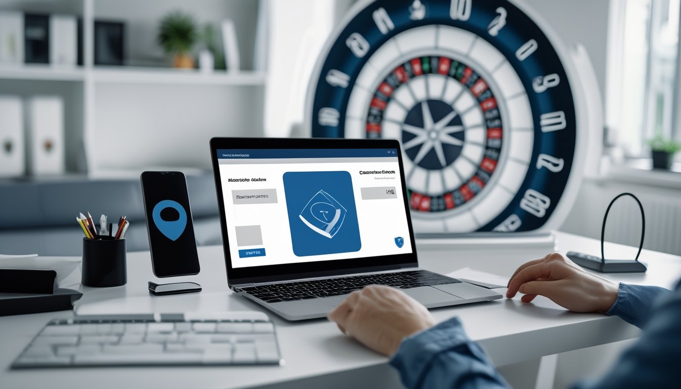 Meja kerja modern dengan laptop, ponsel, dokumen samar, dan simbol keamanan untuk persiapan pendaftaran akun online.