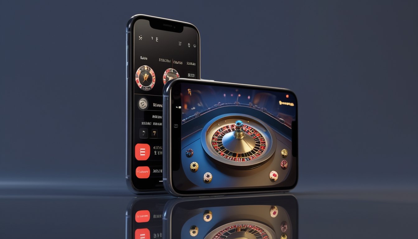 Dua ponsel menampilkan permainan rolet digital dengan roda rolet dan antarmuka kasino modern.