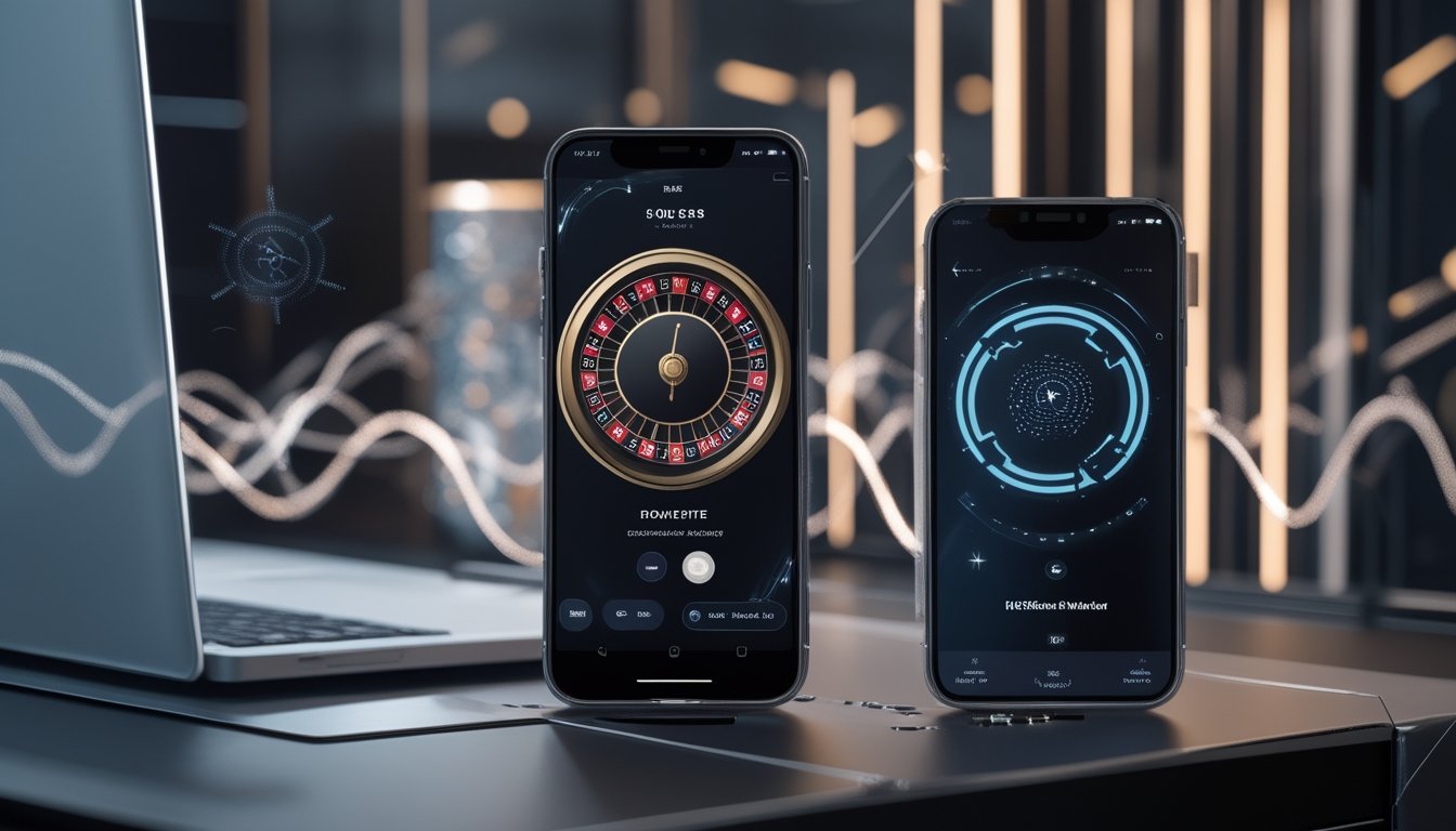 Ponsel menampilkan antarmuka pembayaran digital dengan elemen roda roulette abstrak di samping simbol dompet elektronik dan keamanan.