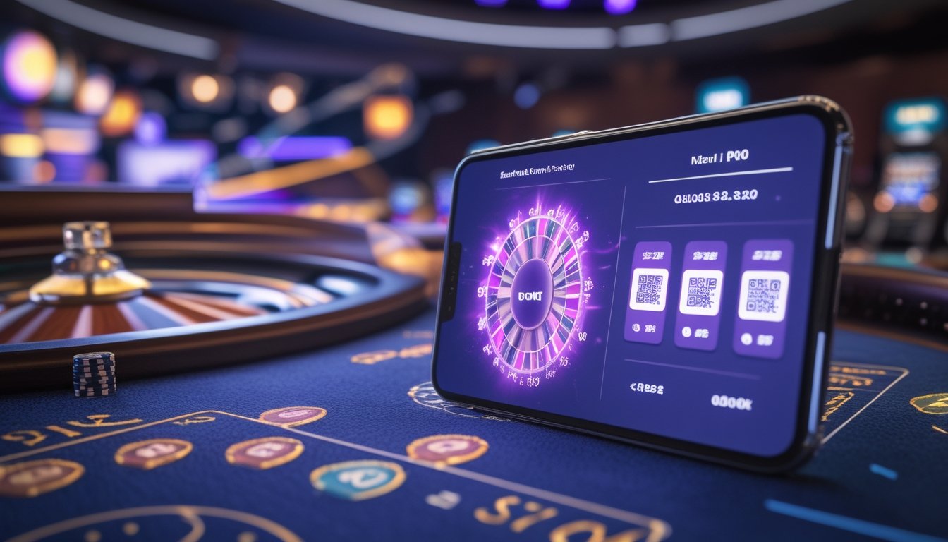 Meja roulette bercahaya dengan ponsel yang menampilkan kode QR dan indikator pembayaran digital.