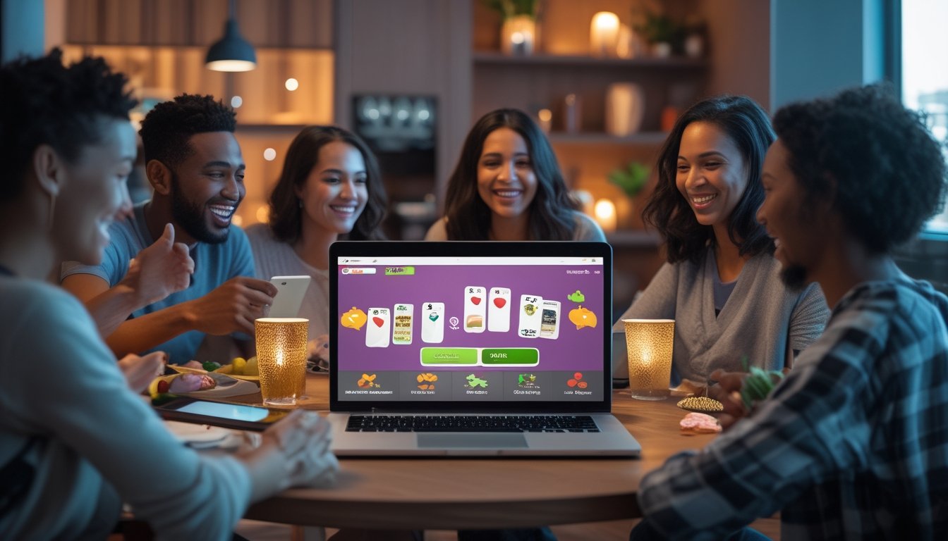 Sekelompok teman dewasa bermain kartu daring bersama dalam pesta virtual melalui laptop dan ponsel.