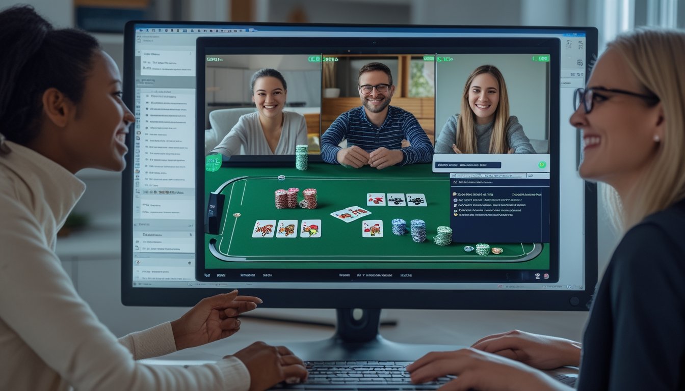 Empat orang dewasa bermain poker secara daring dari rumah masing-masing melalui panggilan video.