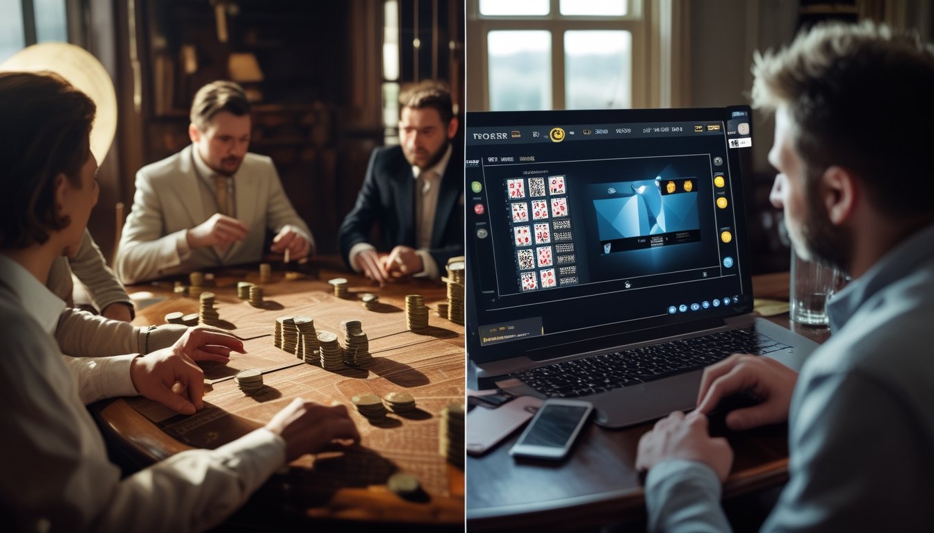 Kolase orang dewasa bermain poker secara langsung dalam suasana klasik yang beralih ke permainan poker daring menggunakan laptop dan ponsel.