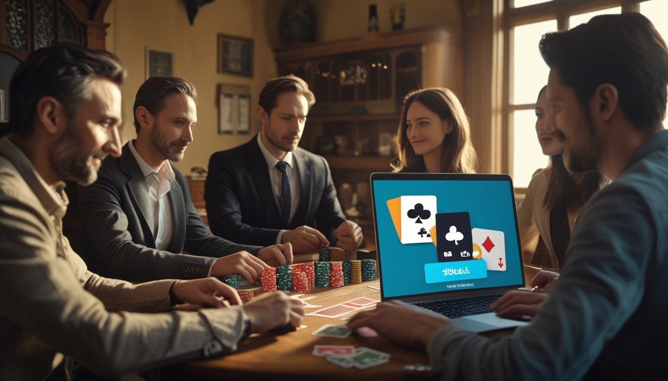 Sekelompok orang dewasa bermain poker di meja dengan suasana klasik, sementara laptop dan ponsel menunjukkan peralihan menuju permainan daring.