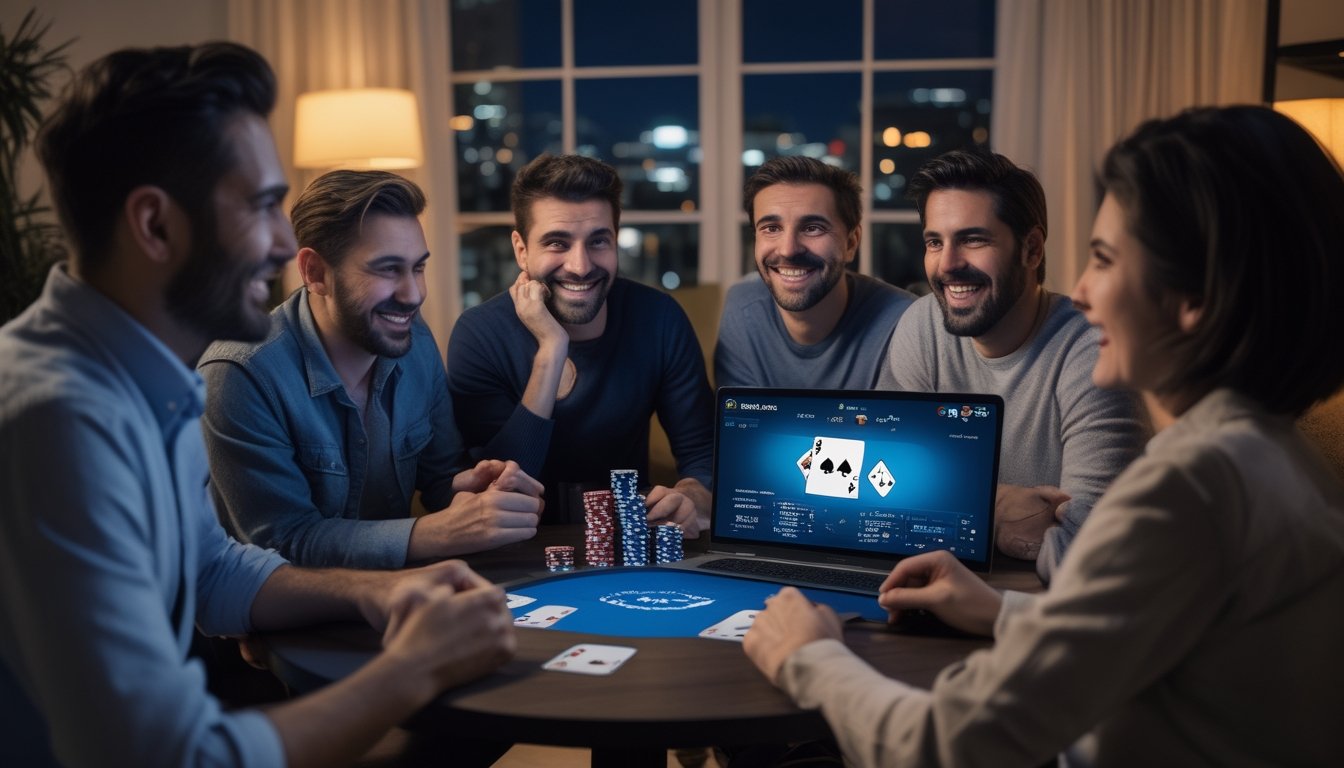 Sekelompok orang dewasa bermain poker online pada malam hari sambil tertawa dan bereaksi terkejut di ruang tamu.