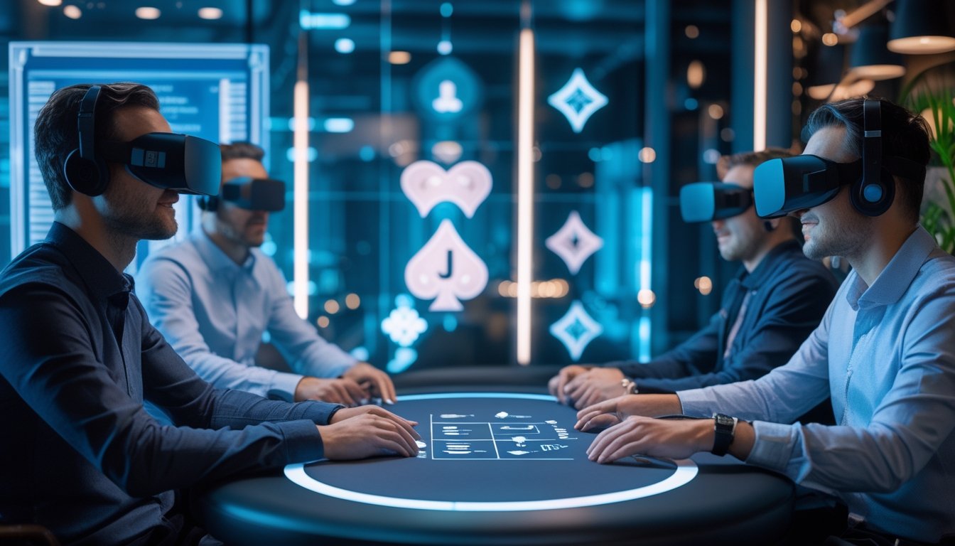 Orang dewasa mengenakan headset realitas virtual dan bermain poker di meja digital futuristik.