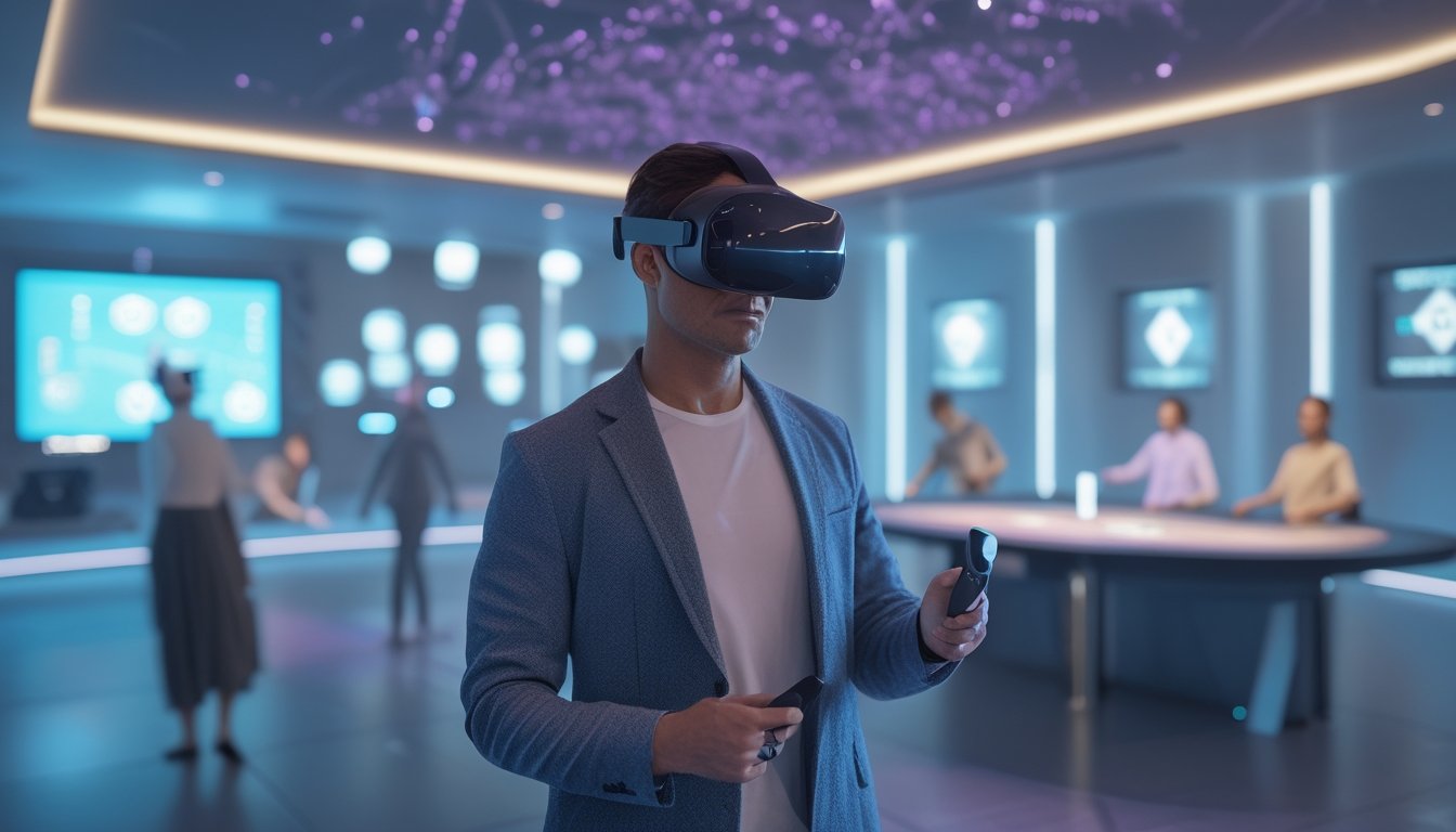 Orang dewasa memakai headset realitas virtual di ruang modern dengan lingkungan digital futuristis.