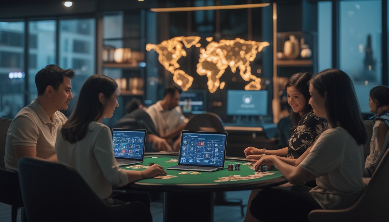 Sekelompok orang dewasa dari berbagai negara bermain poker online melalui perangkat digital.
