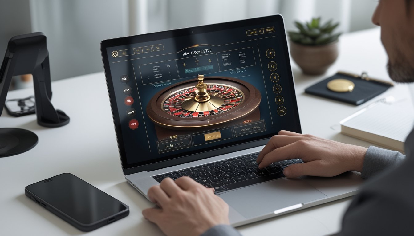 Pemula mempelajari permainan mini roulette online dengan laptop, ponsel, kalkulator, dan modal kecil di meja kerja.