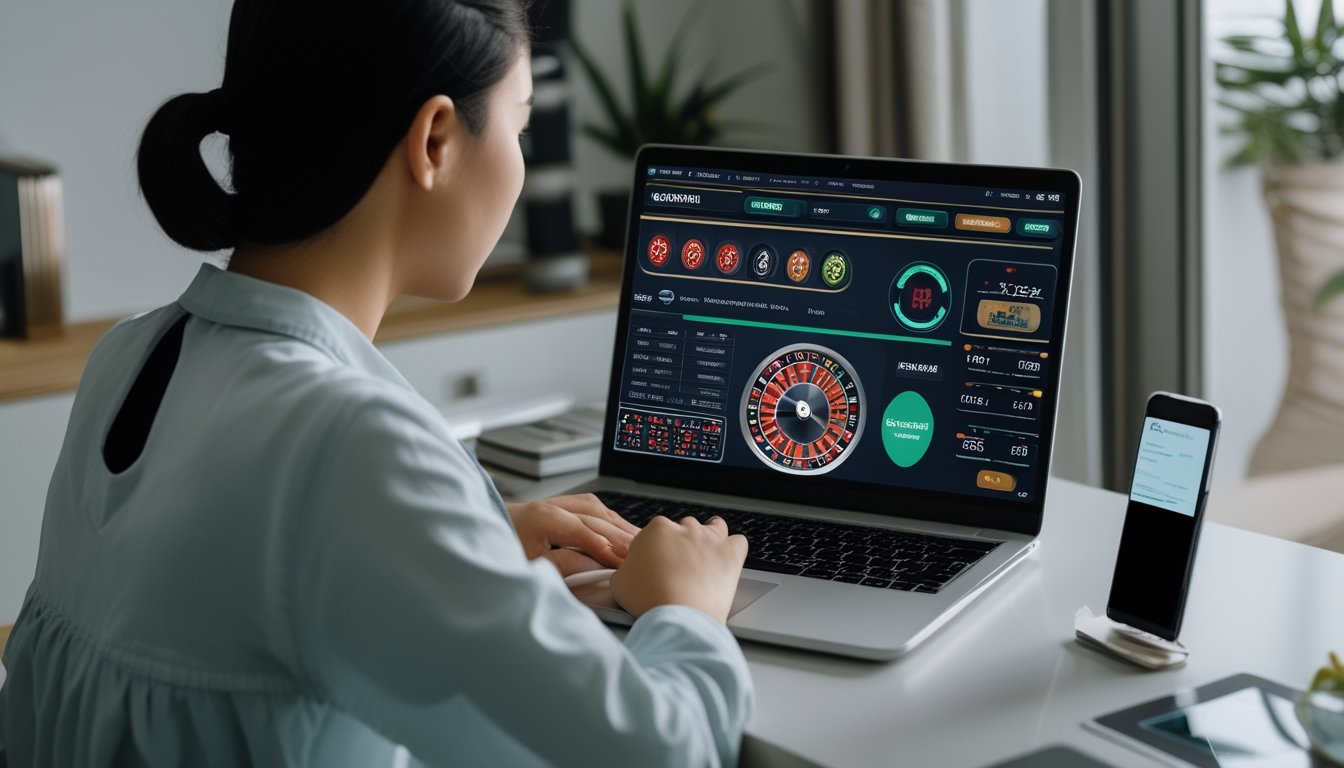 Pemula mempelajari mini roulette online dengan laptop, ponsel, dan anggaran kecil di meja kerja.