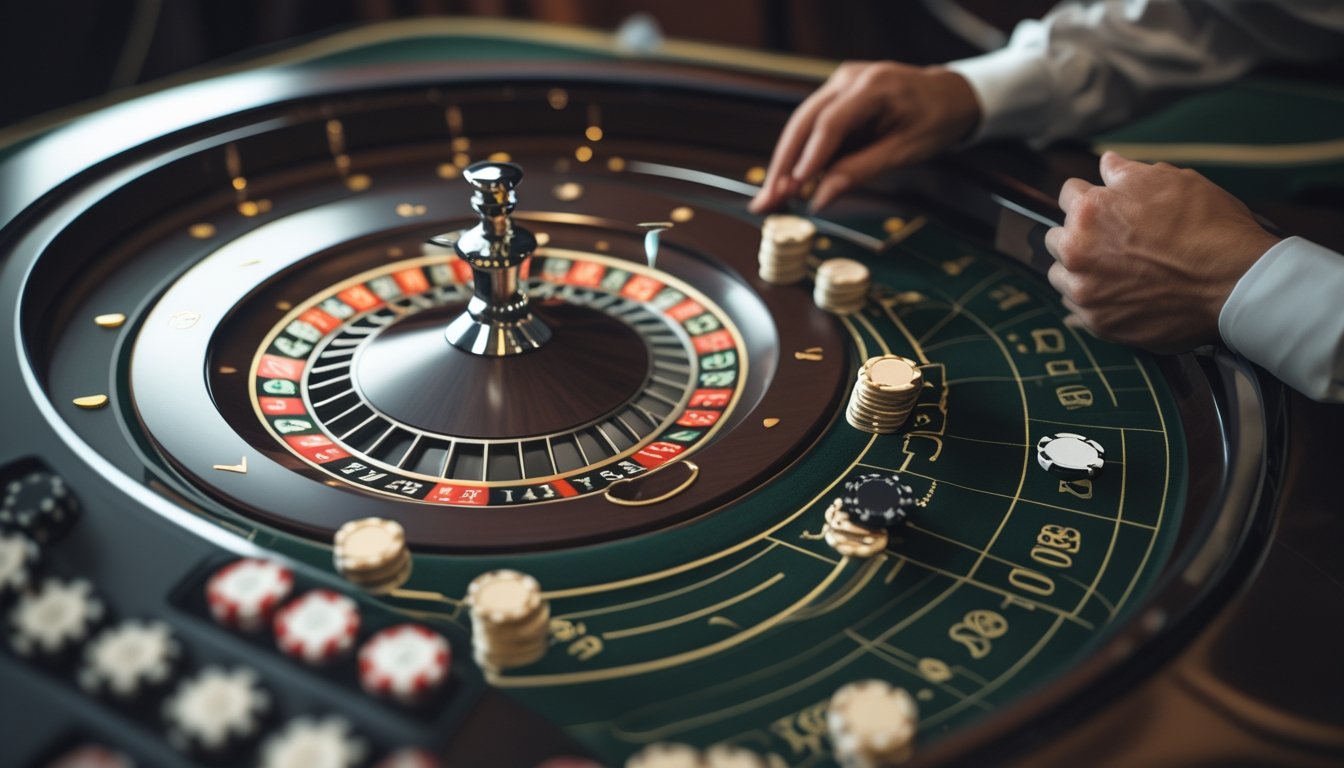 Meja roulette di kasino dengan roda yang berputar, bola putih, dan keping taruhan yang sedang ditempatkan.