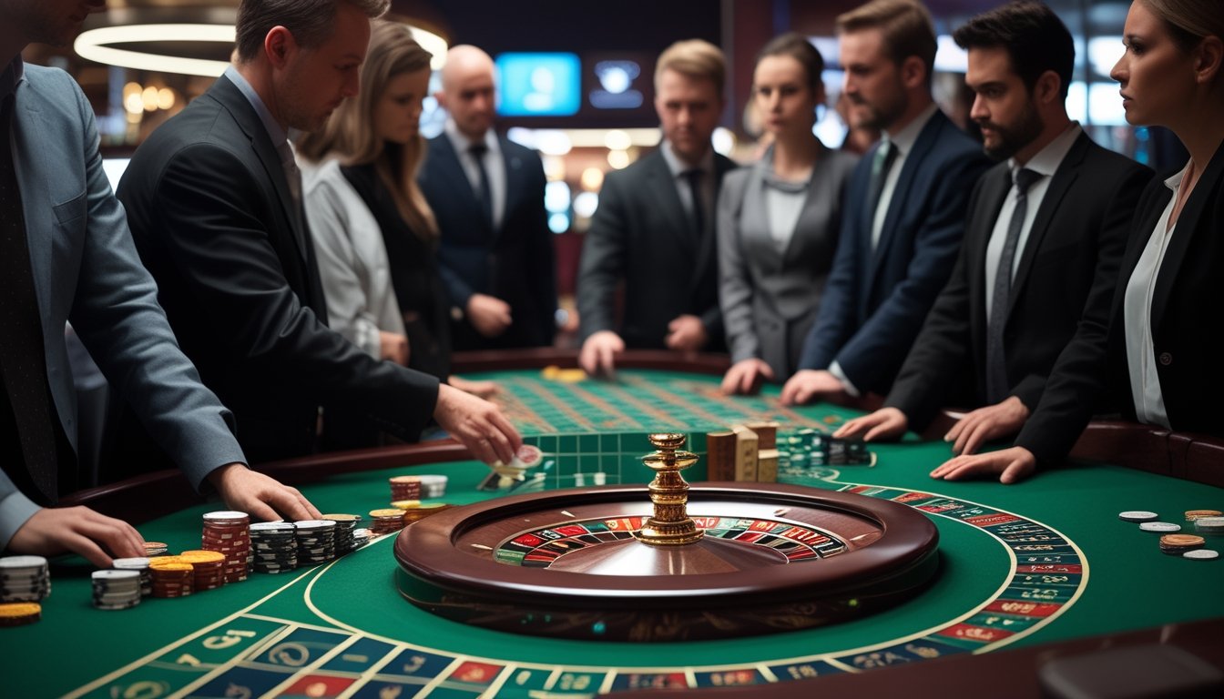 Pemain dewasa mengamati roda roulette dan chip di meja kasino dengan suasana serius.