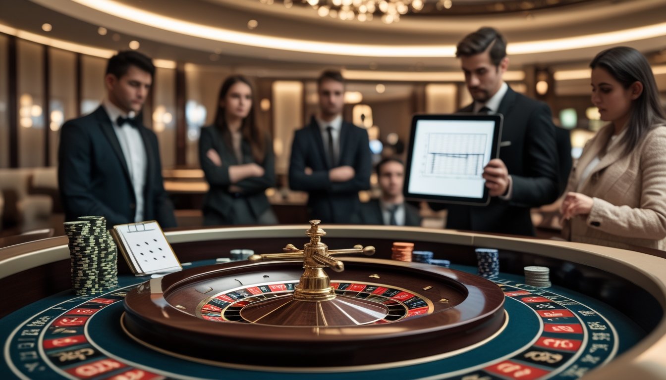 Dealer dan pemain mengamati meja speed roulette dengan roda roulette, chip, dan perangkat analisis.