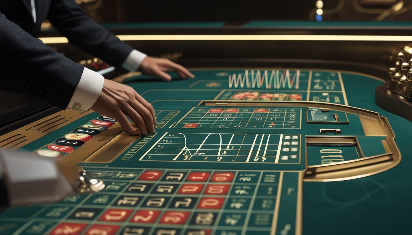 Pemain mengamati roda roulette dan grafik statistik abstrak di meja kasino langsung.