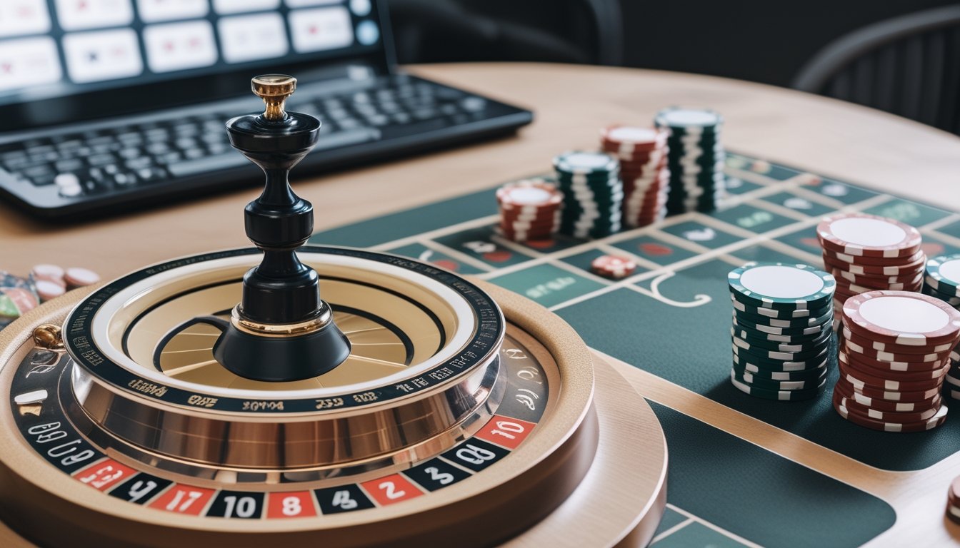 Roda mini roulette dengan bola putih, keping taruhan, dan perangkat digital di atas meja.