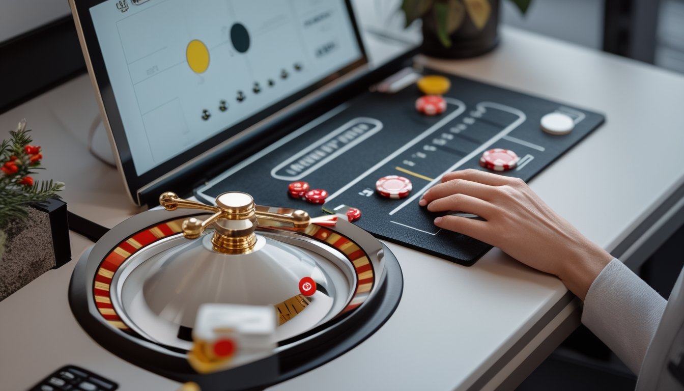 Meja dengan roda mini roulette, bola, keping taruhan, dan laptop yang menampilkan tampilan permainan.