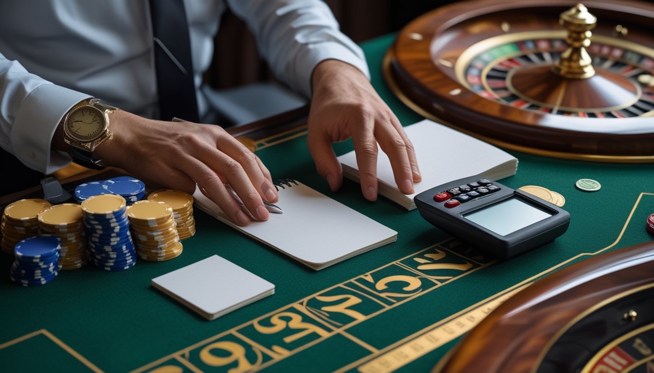 Pemain mengatur tumpukan chip di meja roulette dengan kalkulator, catatan kosong, dan jam.