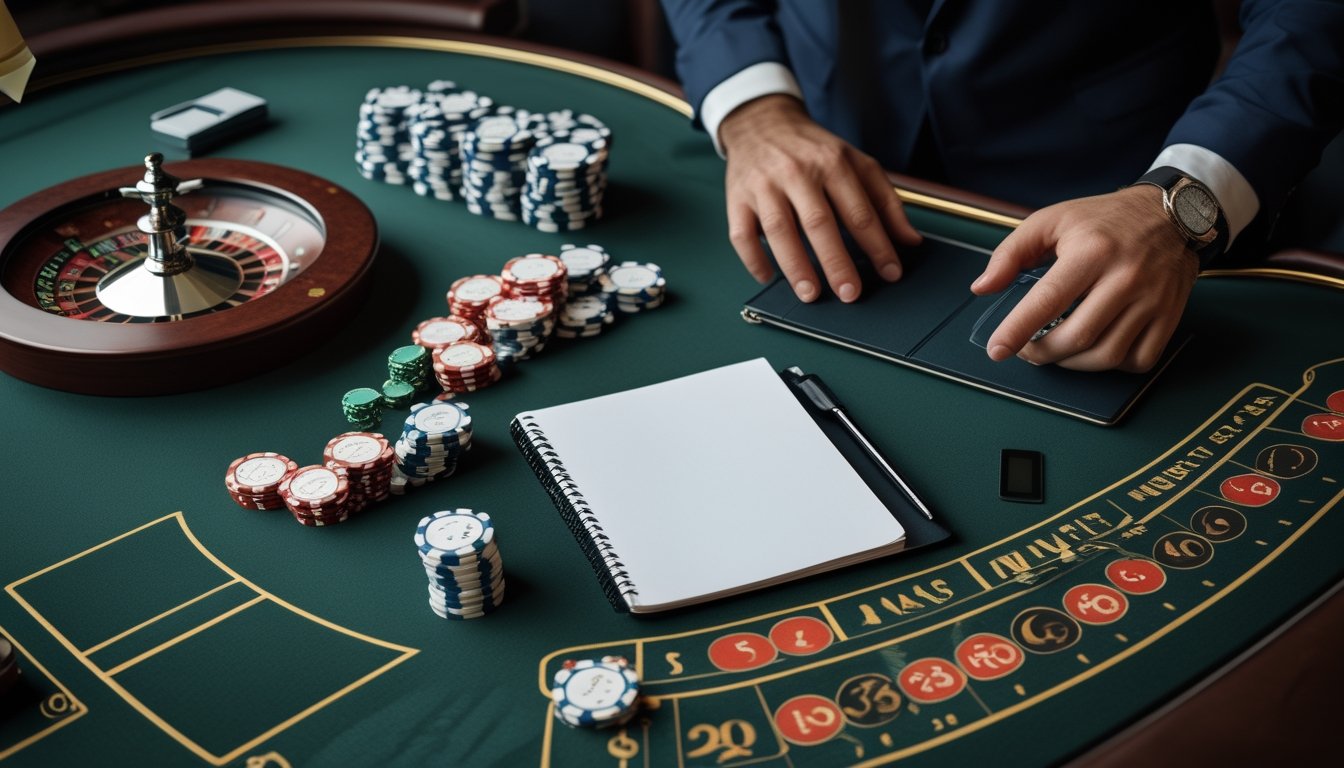 Tangan seseorang menata tumpukan chip roulette di samping buku catatan kosong, kalkulator, dan jam tangan di meja kasino.