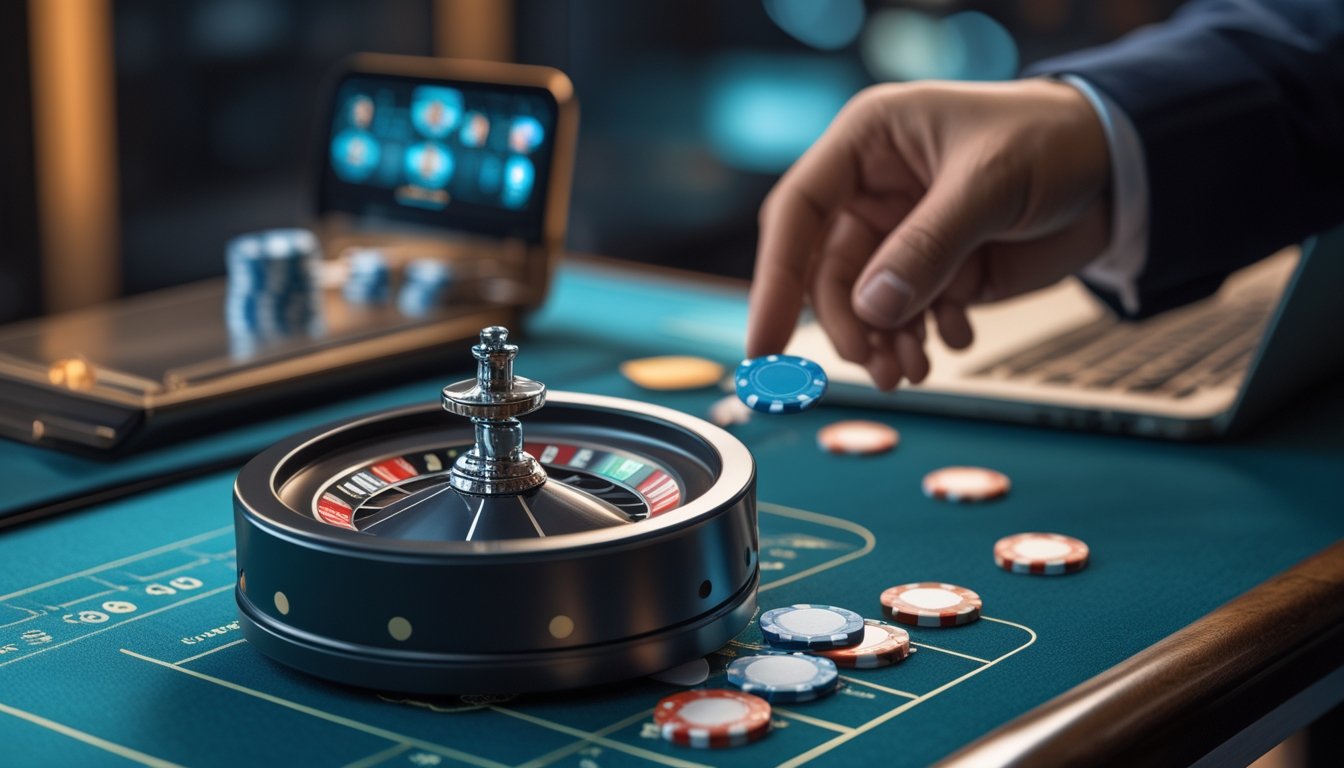 Roda roulette berukuran kecil di atas meja permainan dengan ponsel dan laptop di latar belakang.