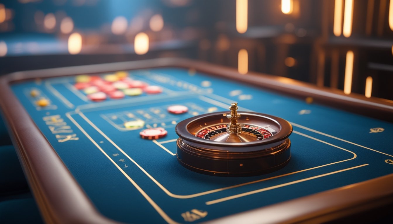 Roda mini roulette dengan bola dan keping kasino di atas meja permainan yang elegan.