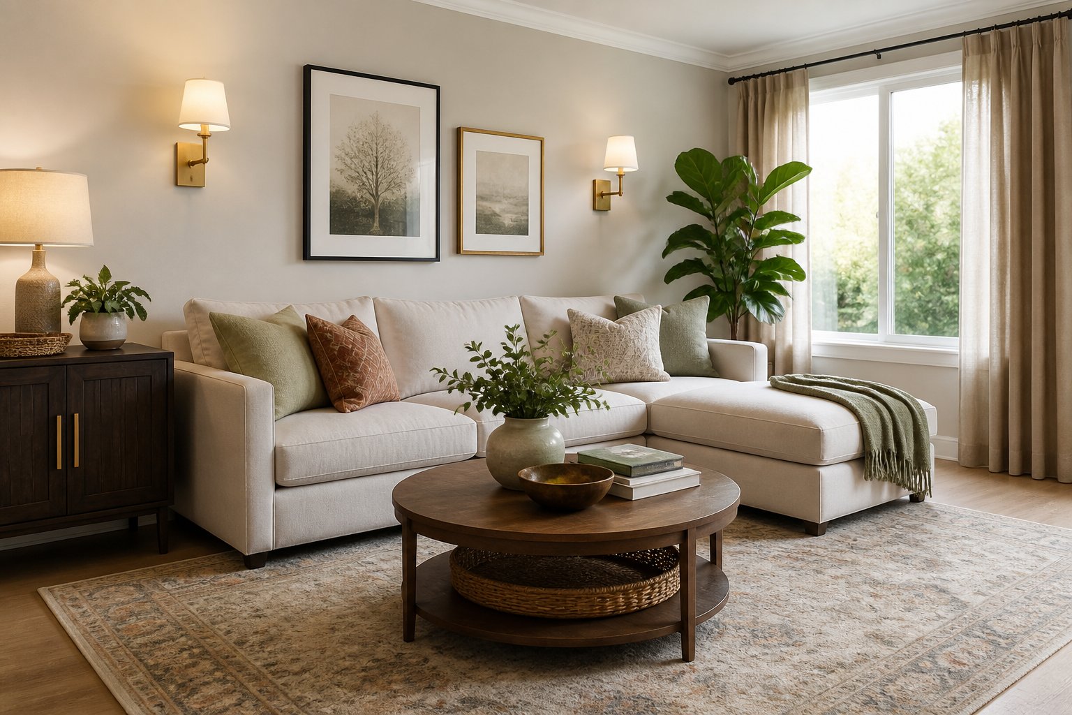 A bright contemporary living room featuring updated furnishings, lighting, decor, and plants.