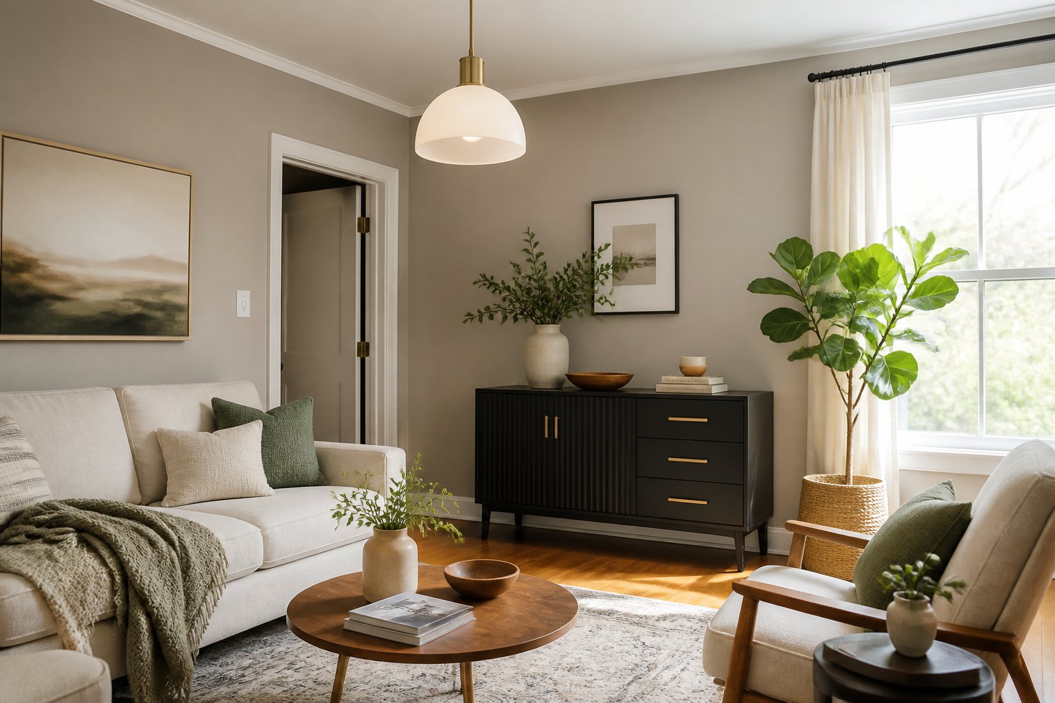 Bright contemporary living room featuring updated lighting, hardware, textiles, decor, and plants.