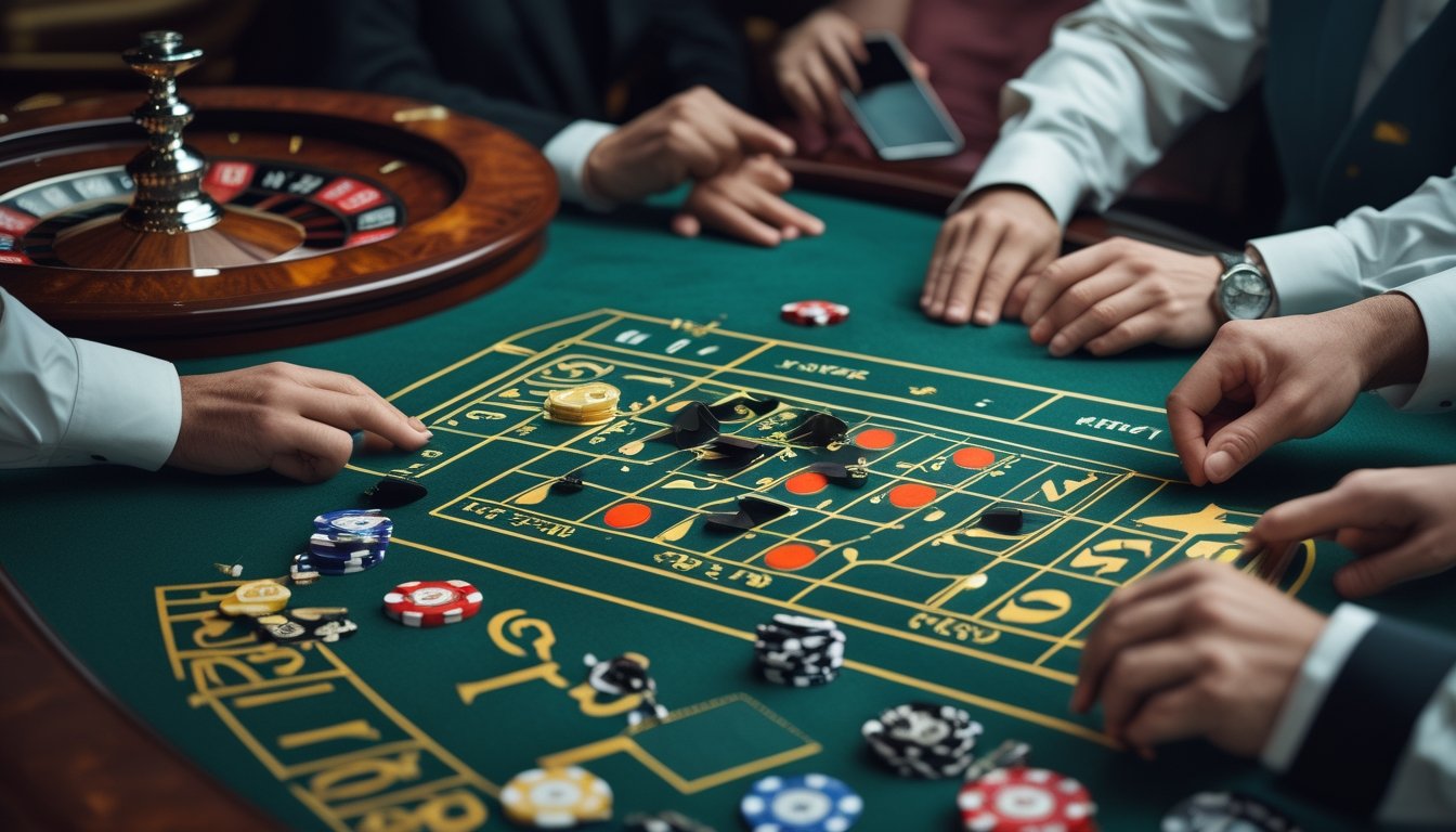 Pemain tampak cemas dan tergesa-gesa saat roda roulette berputar, dengan keping taruhan berantakan di meja kasino.