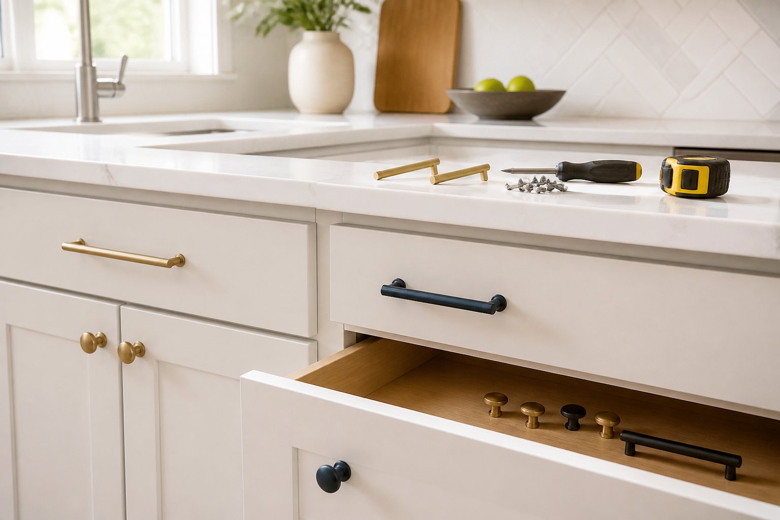 A bright kitchen with updated cabinet handles, open drawers, and a few tools on the countertop.