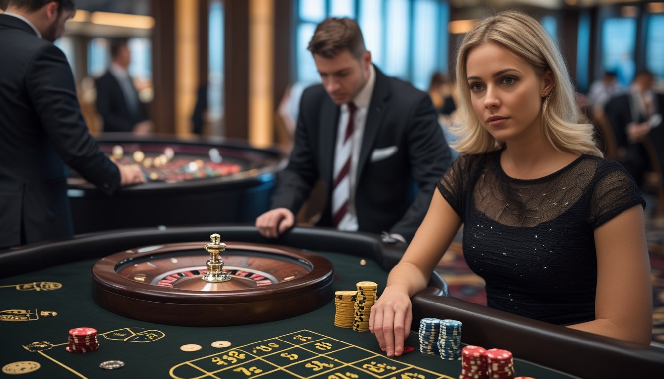 Pemain mempelajari meja speed roulette dengan cermat sementara bandar memutar roda roulette.