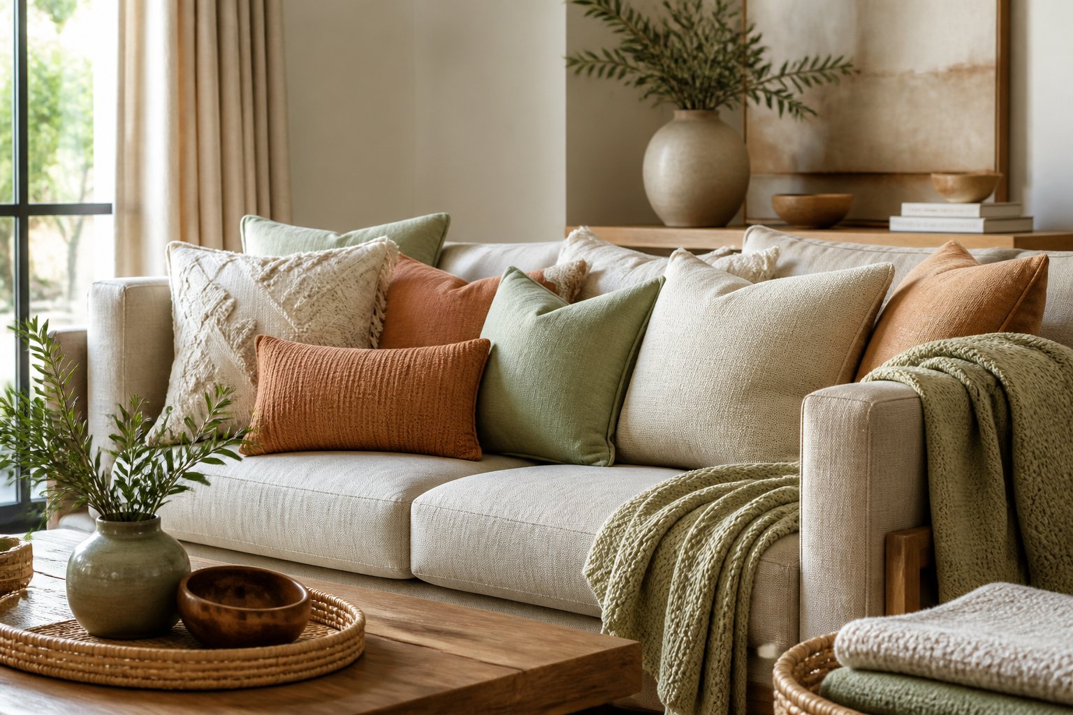 A bright living room with a sofa decorated with colorful pillows, a draped knitted throw, and coordinated linen accents.