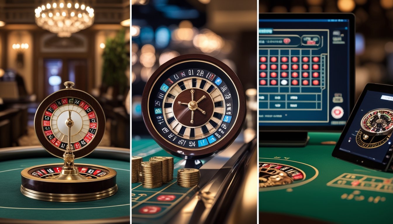 Roda roulette mini ditampilkan dalam suasana kasino tradisional yang beralih ke perangkat digital modern.