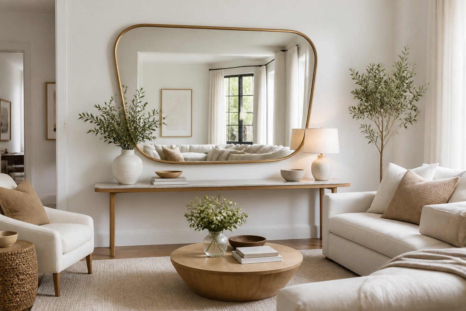 Bright modern living room with a large decorative mirror above a console table.