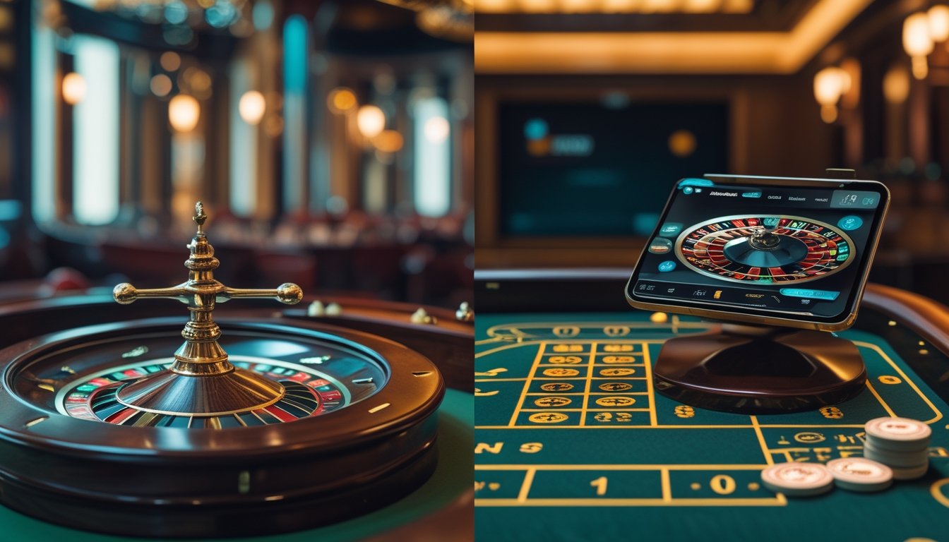 Roda mini roulette tradisional berdampingan dengan perangkat digital yang menampilkan permainan roulette.