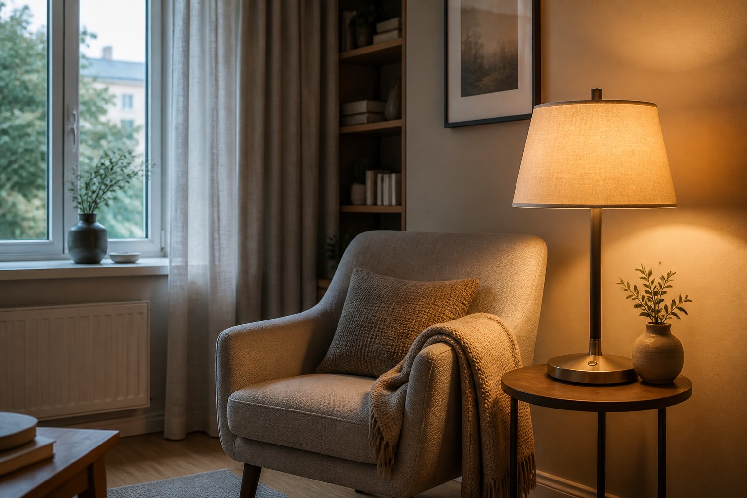 A cozy living room with a warm adjustable lamp glowing beside an armchair near a sunlit window.