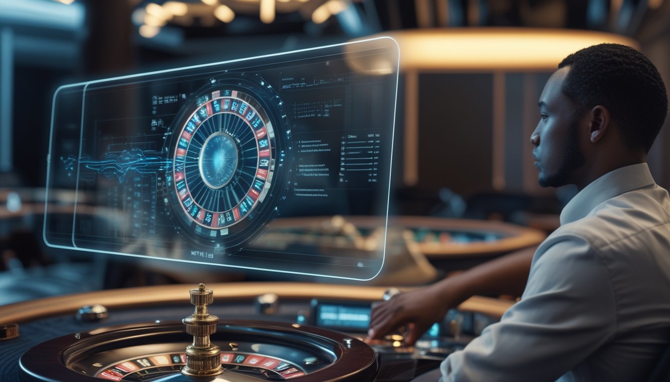 Pemain mengamati roda roulette dengan antarmuka digital kecerdasan buatan yang menampilkan analisis data secara langsung.